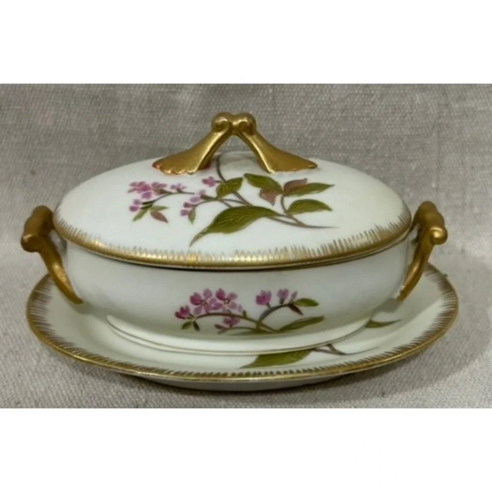 Vintage Floral Porcelain Lidded Tureen and Underplate Set Gold Gilt 6623